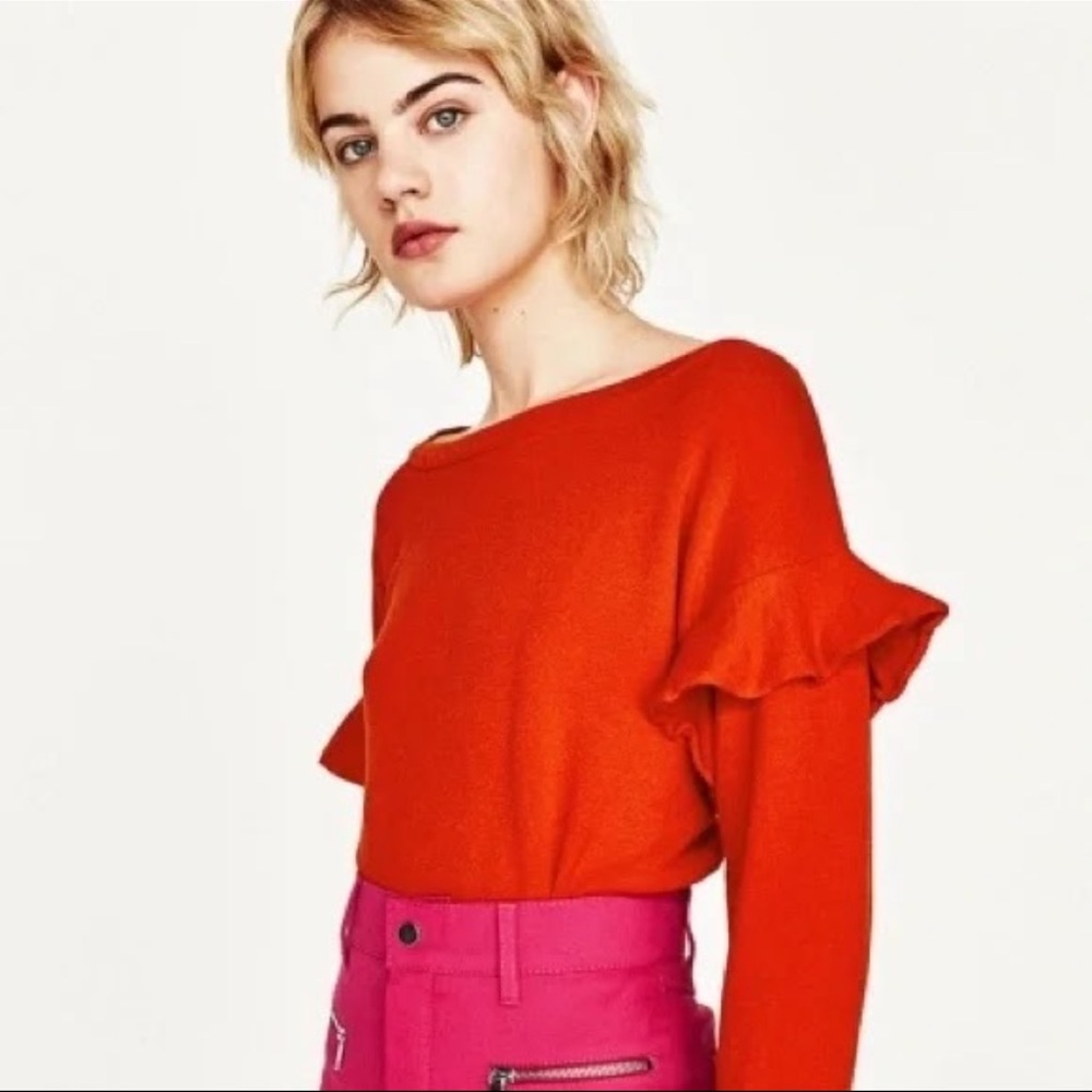 Zara Women’s Red Orange Bell Sleeves Ruffle Knit Long Sleeve Flounce Sweater - Picture 3 of 15
